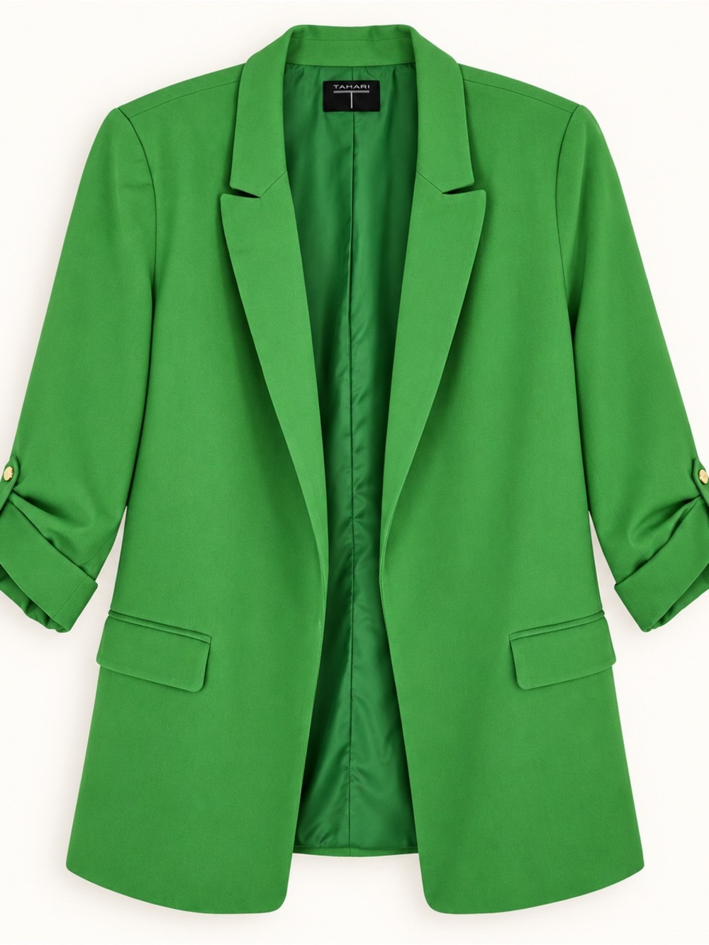 Tahari Bright Green Open-Front Blazer with Rolled Sleeves